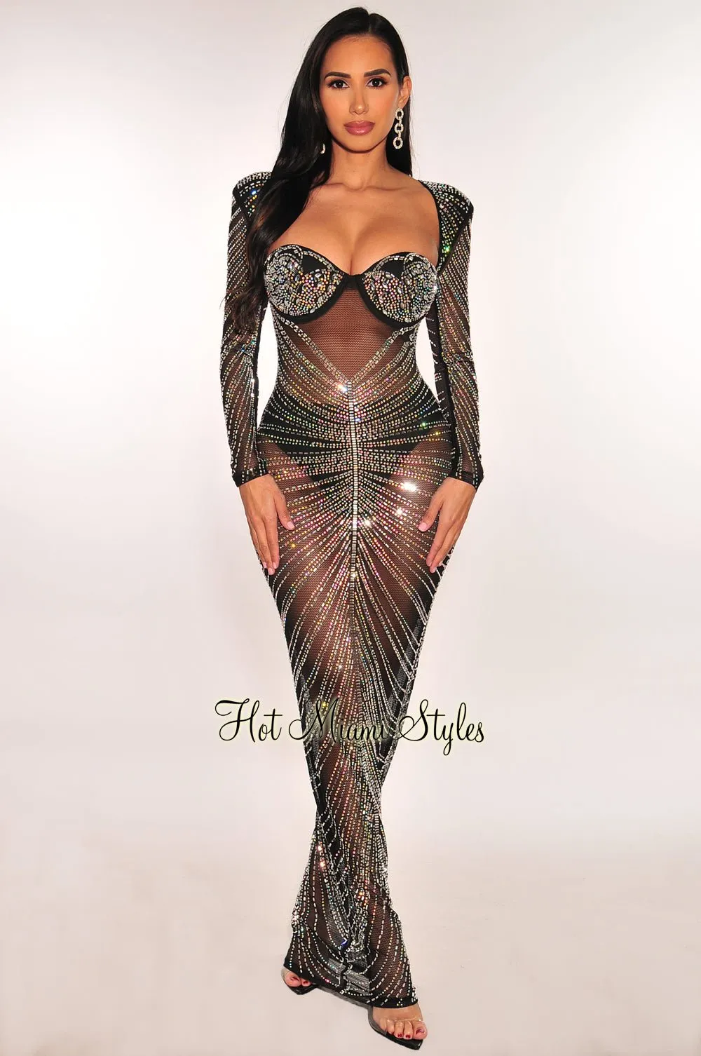 Black Mesh Rhinestone Padded Cut Out Back Long Sleeve Gown