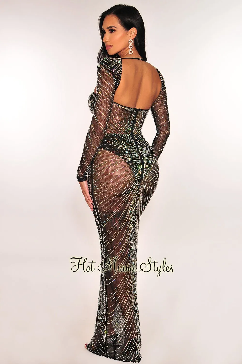 Black Mesh Rhinestone Padded Cut Out Back Long Sleeve Gown