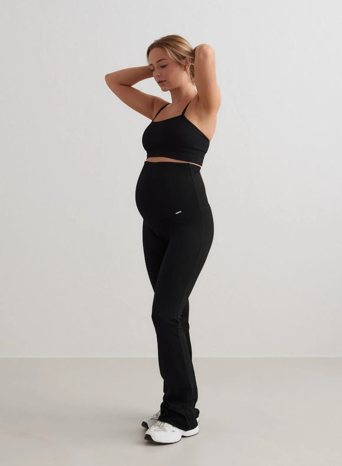 Black Ribbed Seamless Flare Maternity Tights