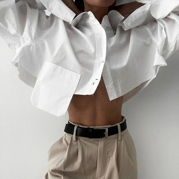 Cropped navel short white shirt