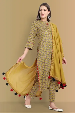 Mustard Mosaic Ajrak Straight Kurta Pant with Dupatta - Set of 3