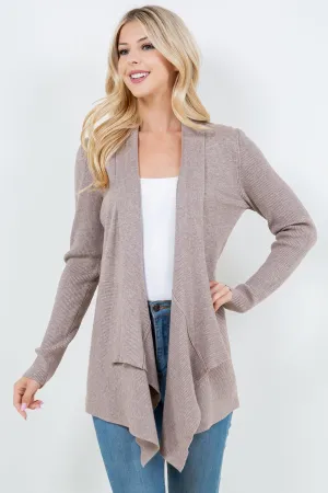 TAUPE OPEN SOFT RIBBED SLEEVE CARDIGAN